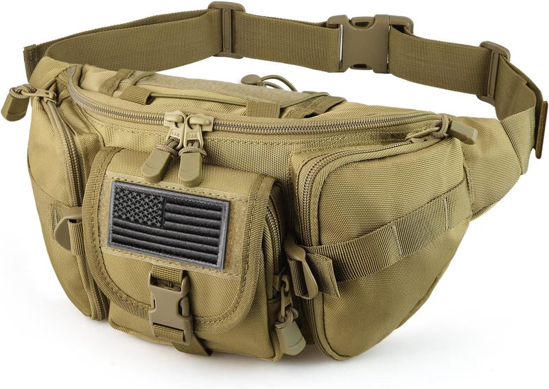 SOWHUP Tactical Fanny Pack,Military Waist Bag Pack with U.S Patch Utility Hip Belt Bumbag for Outdoor Fishing Hiking (Tan(5 Zipper Pockets)) - Image 1